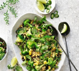 Quinoa pilaf with broccoli, black beans, corn & herbs