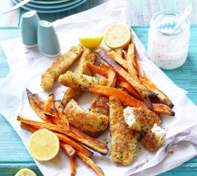 Sweet Potato Fries with Crumbed Fish Sweet Potato Fries with Crumbed Fish