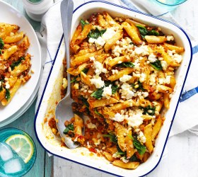 Sweet Potato Pasta Bake with Spinach and Pine Nuts