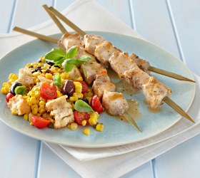 Swordfish Skewers with BBQ Corn and Ciabatta Salad