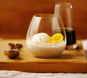 Tapioca Puddings with Mango, Vanilla Ice Cream and Lime Syrup