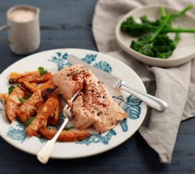 Lemon and Paprika Yoghurt Baked Salmon with Sweet Potato Chips