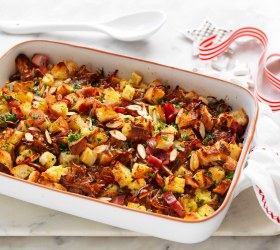 Crispy bacon and onion stuffing tray bake