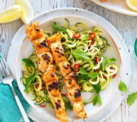 Tuscan chicken skewers with lemon, chilli and mint zoodles Tuscan chicken skewers with lemon, chilli and mint zoodles