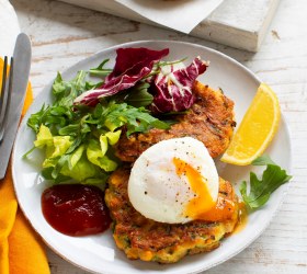 Cheesy Corn and Zucchini Fritters with Poached Eggs Cheesy Corn and Zucchini Fritters with Poached Eggs