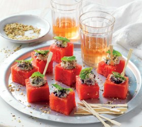 Watermelon cubes with feta, olives and mint Watermelon cubes with feta, olives and mint