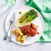 Rich Tomato and Basil Roast Chicken with Parmesan Herb Potatoes and Cos Lettuce