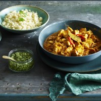 Coconut Chicken Curry with Cauliflower Rice and Coriander Pesto