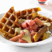 Poached Rhubarb and Vanilla Custard Waffle