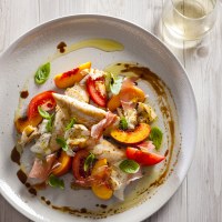 Chicken Tenderloin with Prosciutto, Truss Tomatoes And Peach Salad
