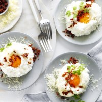 Cloud Eggs with Pancetta Crumbs and Gruyere