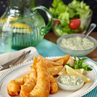 Beer Battered Fish and Chips with Pesto Tartare