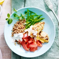 Chicken Steak with Farro, Pickled Carrot and Toasted Coconut Salad Bowl