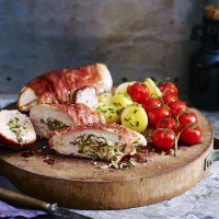 Prosciutto-Wrapped Chicken with Vine Tomatoes and Chat Potatoes
