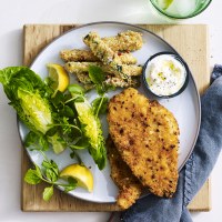 Chicken Schnitzel with Parmesan and Sesame Seed Zucchini Chips