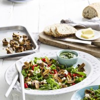 Warm Roasted Mushroom and Almond Pesto Salad