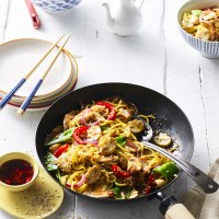 Honey and Soy Chicken Stir Fry with Mushrooms and Hokkien Noodles
