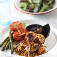 Garlic Marsala Marinated Quail Grilled Asparagus, Tomato, Field Mushroom With Caramelized Onions
