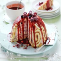 Mixed Berry Ice-cream Pudding with Raspberry Coulis