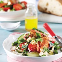 Orange Caramelised Breast of Quail with Salad of Cherry Tomatoes Cucumber Fetta Spanish Onion and Parsley