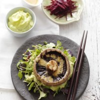 Barbecued Flat Mushrooms with Miso and Wasabi-Avocado Mayonnaise