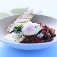 Poached egg on a Sicilian Caponata