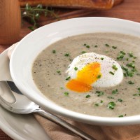 Creamed Mushroom Soup with Poached Egg, Thyme and Chives