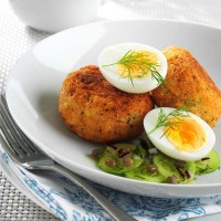 Smoked Trout Patties with Soft Boiled Egg and Cucumber, Dill and Caper Salad