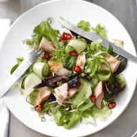 Hot Smoked Salmon Mixed Leaf Salad with Sweet Soy Dressing