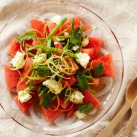 Watermelon and Snow Pea Salad with Marinated Feta
