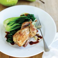 Whole Roasted Quail stuffed with Packham's Triumph Pears, Coriander, Ginger and Cashew Nuts