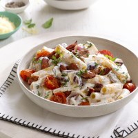 Creamy Chorizo, Olive, Basil and Tomato Rigatoni