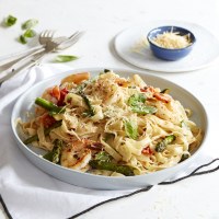 Chargrilled Asparagus and Tomato Fettuccine with King Prawns and Lemon Herb Butter