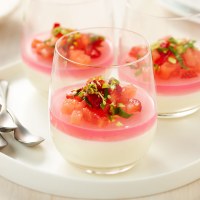 Milk Pudding with Rose Jelly, Watermelon, Strawberry and Mint Salad