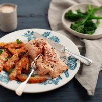 Lemon and Paprika Yoghurt Baked Salmon with Sweet Potato Chips