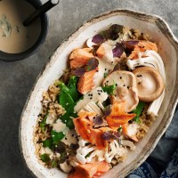 Grilled Trout, Mushroom and Brown Rice Bowl with Miso Yoghurt