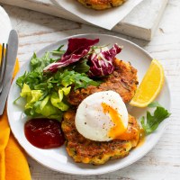Cheesy Corn and Zucchini Fritters with Poached Eggs