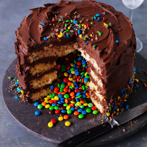 Chocolate rainbow surprise cake with smarties inside