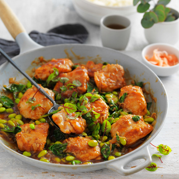 Teriyaki chicken with edamame, rice and fresh herbs