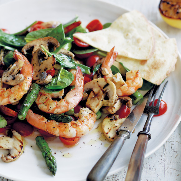 Barbecued Mushroom Asparagus and Prawn Salad