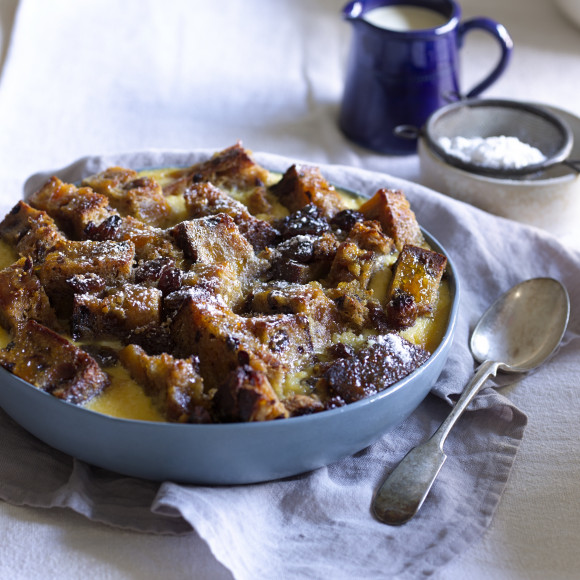 Old fashioned Bread and Butter Pudding with homemade custard