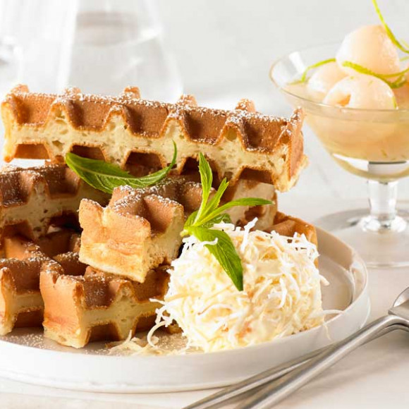 Coconut, Lime Zest and Lychee Syrup Waffle