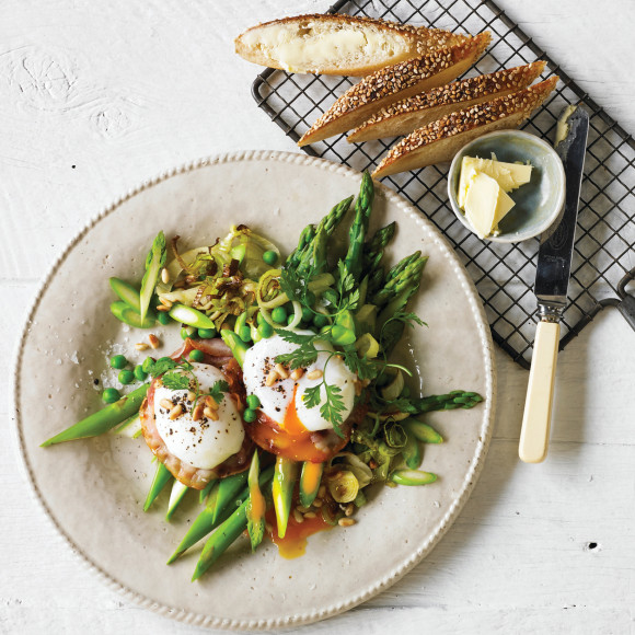 Poached Eggs on Sauteed Greens with Pancetta and Pine Nuts