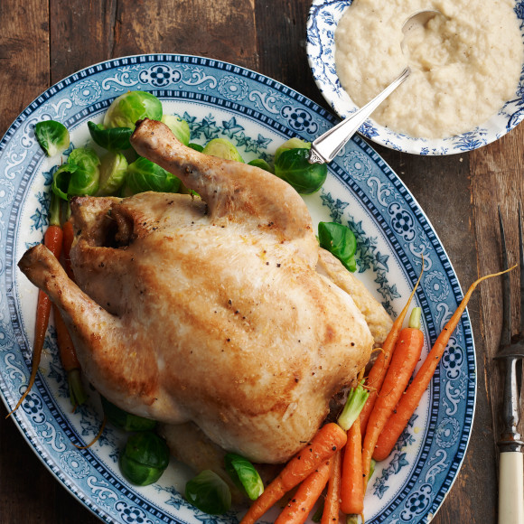 Pot Roasted Chicken in Milk with Homestyle Bread Sauce
