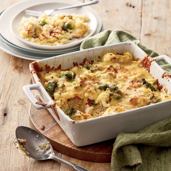Cheesy Chicken Broccoli Cauliflower Rice Bake Recipe
