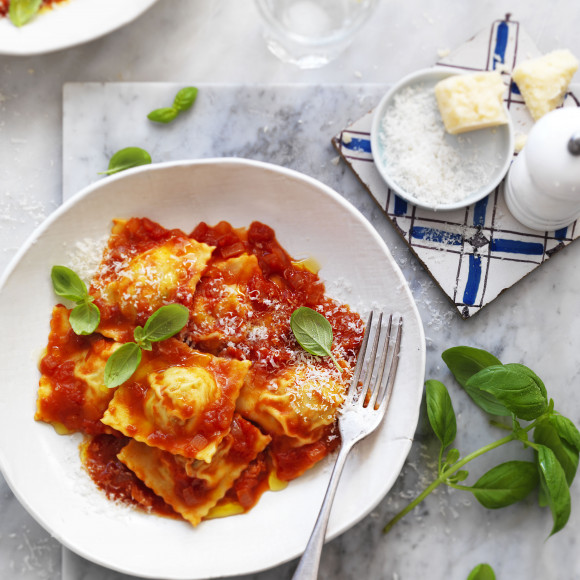 Homemade chicken and mushroom ravioli with fresh egg pasta dough