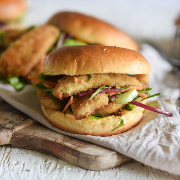 Crumbed fish burger with mayonnaise 