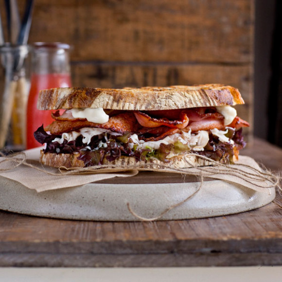 Grilled Bacon and Turkey Sandwich with Blue Cheese Aioli