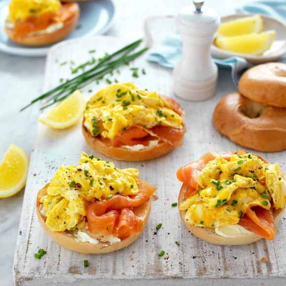 Scrambled Egg, Salmon and Cream Cheese Bagels