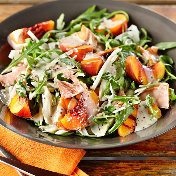 Grilled Peaches with Hot Smoked Salmon, Rocket and Fennel